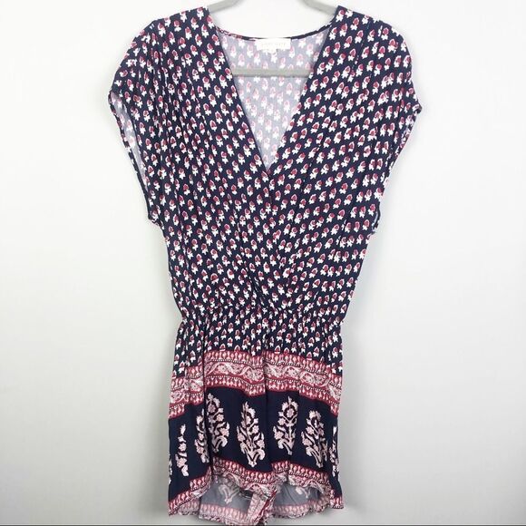 EIGHT SIXTY | Boho Short Sleeve Romper Navy Blue & Red Floral Women’s Size M - Picture 3 of 10